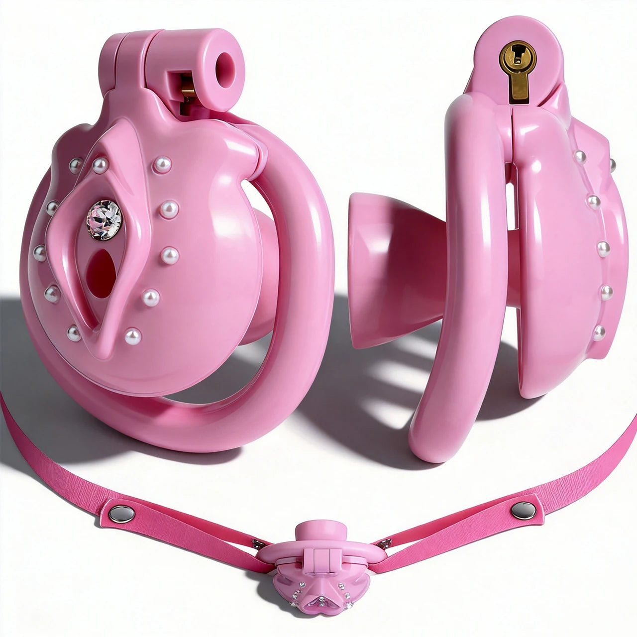 FRRK ABS Mini Clitoris Chastity Cage Three-Way Harness Belt Pearl Decor Intimate Restraint Wearable Gear For Adult 18+ Men