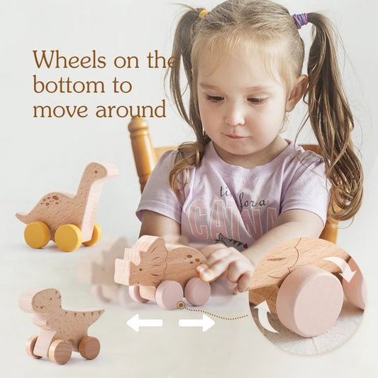 Dinosaur Cartoon Car Montessori Wooden Teether Toy for Infants Toddlers - Sensory Developmental Pretend Play Baby Teething Toy