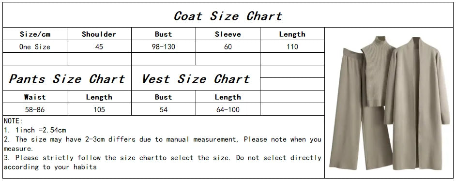 2025 Autumn Winter Women Long Cardigan 3 Piece Set Knit Pants High Neck Vest Wide Leg Trousers Outfit