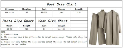 2025 Autumn Winter Women Long Cardigan 3 Piece Set Knit Pants High Neck Vest Wide Leg Trousers Outfit