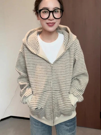 Korean Style Fleece Lined Thickened Striped Open Cardigan Hoodie Women's Loose Long Sleeve Top Autumn Winter New Arrival