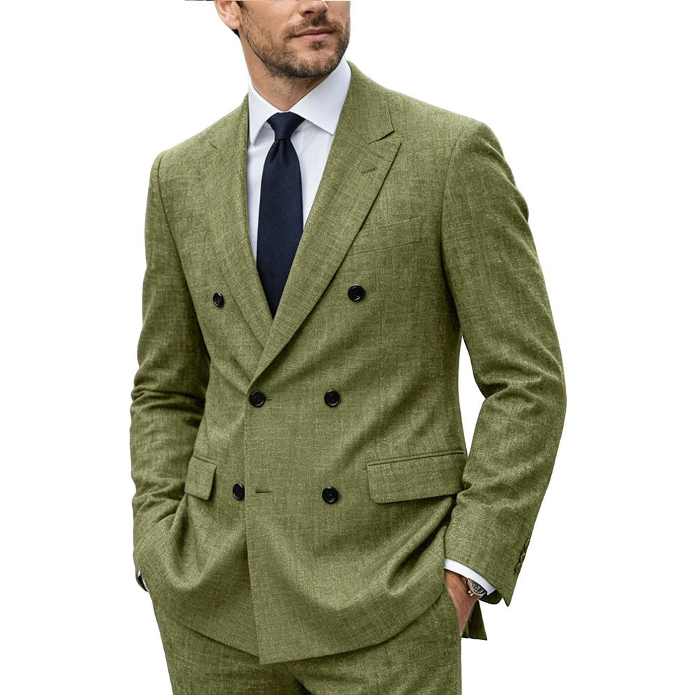 Men's Linen Suit Set  Double Breasted Slim Fit Peak Lapel Formal Blazer Pants Breathable Business Wedding Groom Tuxedo