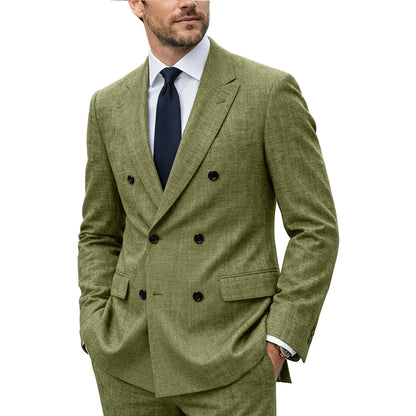 Men's Linen Suit Set  Double Breasted Slim Fit Peak Lapel Formal Blazer Pants Breathable Business Wedding Groom Tuxedo