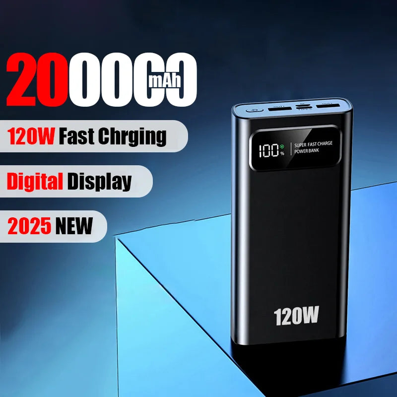 200000mAh Ultra Capacity 120W Super Fast Charging LED Digital Display Mobile PowerBank Portable External Battery For IPhone