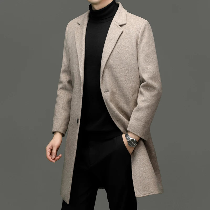 Fall Winter Men Sheep Wool Overcoat Gray Coffee Beige Notched Collar Design Cashmere Coat Male Business Causal Outerwear Office