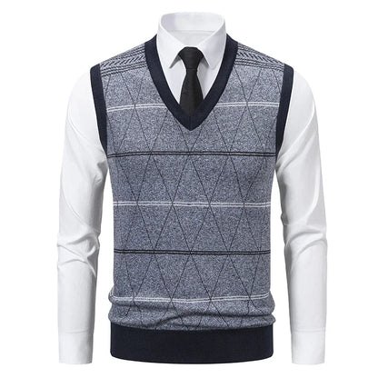 2026 Men's V-neck Knitted Sweater Warm Autumn Winter Diamond Grid Twisted Flower Casual Fashion Versatile Knit Top