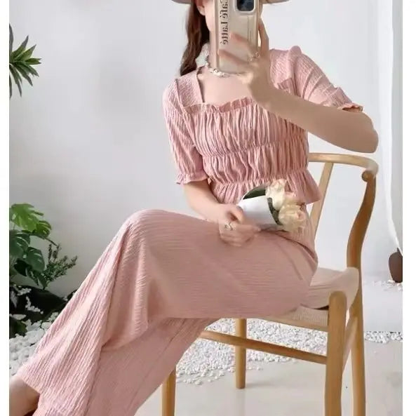 Summer 2025 New Folded Square Collar Bubble Sleeve Shirt High Waist Loose Casual Wide Leg Pants Two Piece Set Women's Fashion