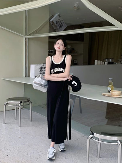 plus Size Casual Korean Style Letter Print Sleeveless Dress Women's Summer Loose Meat Concealing Long Dress Straight Cut High...