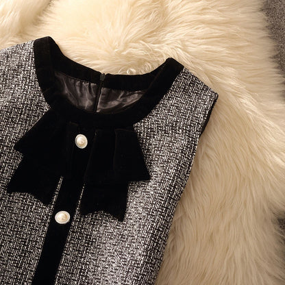 Spring Autumn Winter Tweed Color Block Vest Skirt Set  Knot Elegant Fashionable Two Piece Set Women's Luxury Style