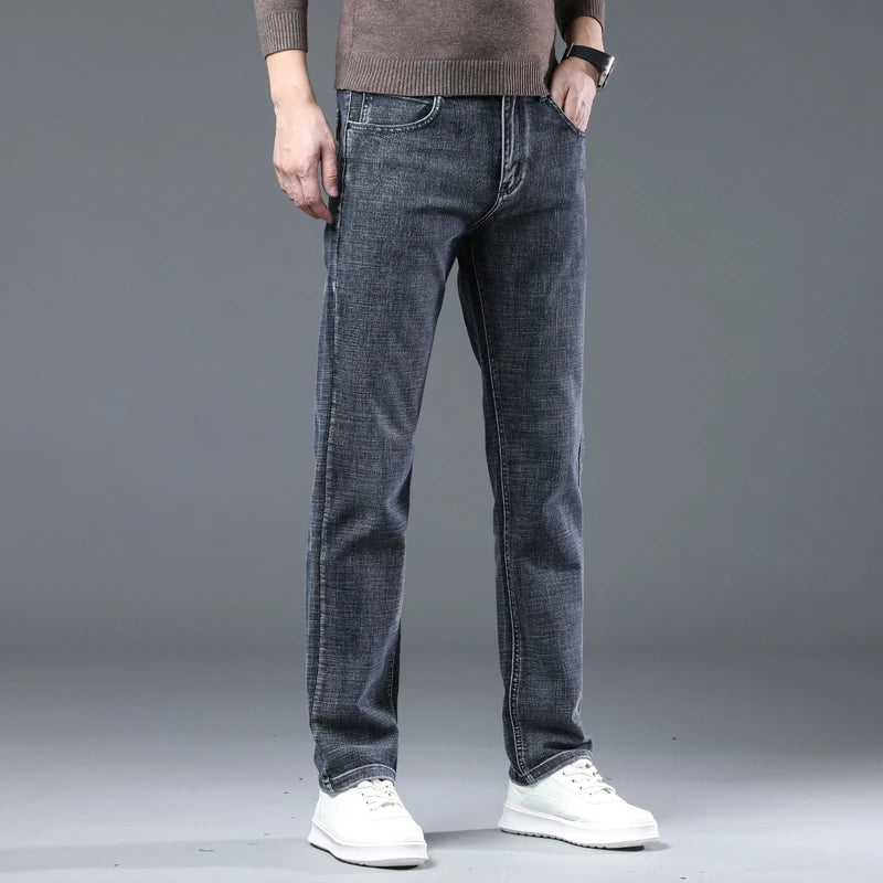 New Business Jeans Men's Casual Straight Stretch Classic Fashion Trousers Blue Smoke Gray Work Denim Pants Male Brand Clothes