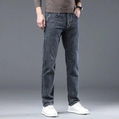 New Business Jeans Men's Casual Straight Stretch Classic Fashion Trousers Blue Smoke Gray Work Denim Pants Male Brand Clothes