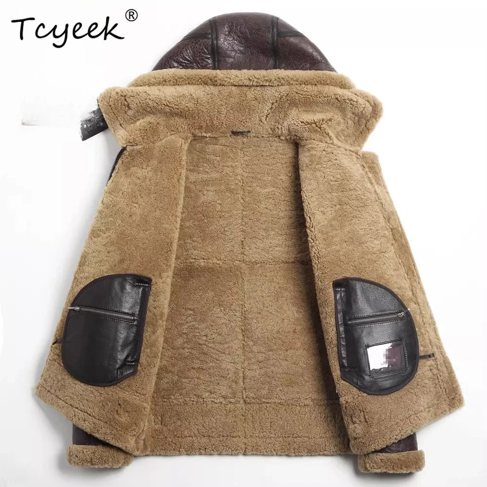 Tcyeek Natural Sheepskin Fur Coat Male Warm Real Leather Jacket Men Winter Clothes Lamb Wool Coats Hoodie 2025 Куртка Мужская