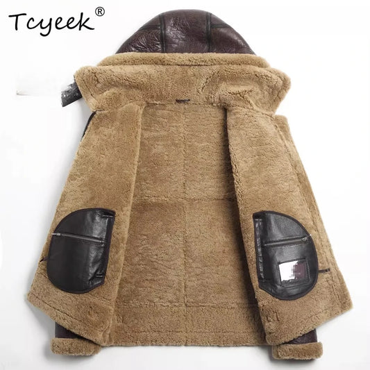 Tcyeek Natural Sheepskin Fur Coat Male Warm Real Leather Jacket Men Winter Clothes Lamb Wool Coats Hoodie 2025 Куртка Мужская
