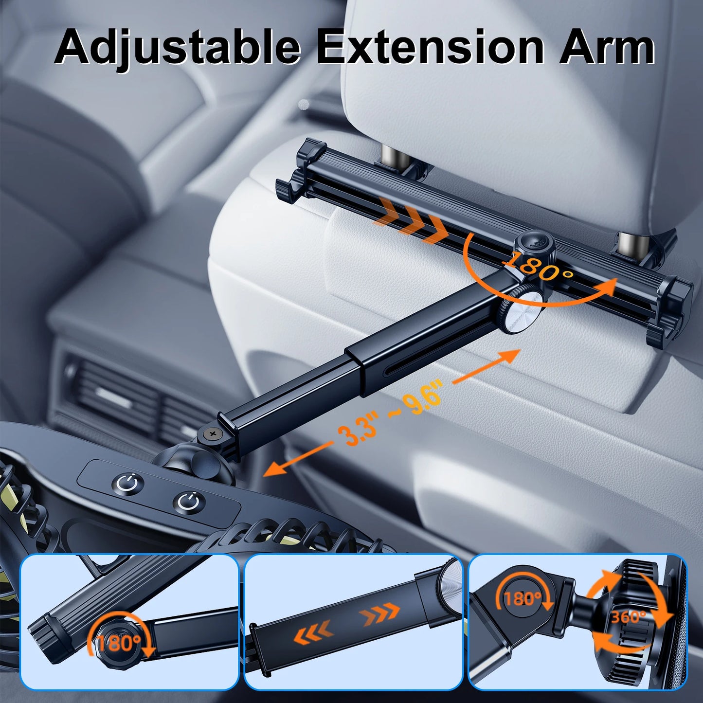 Eary Summer Car Back Seat Fan Headrest Dual Head Fan With 3 Speeds Extension Arm Adjustable With 2 Hidden Hooks Fan For Your Car