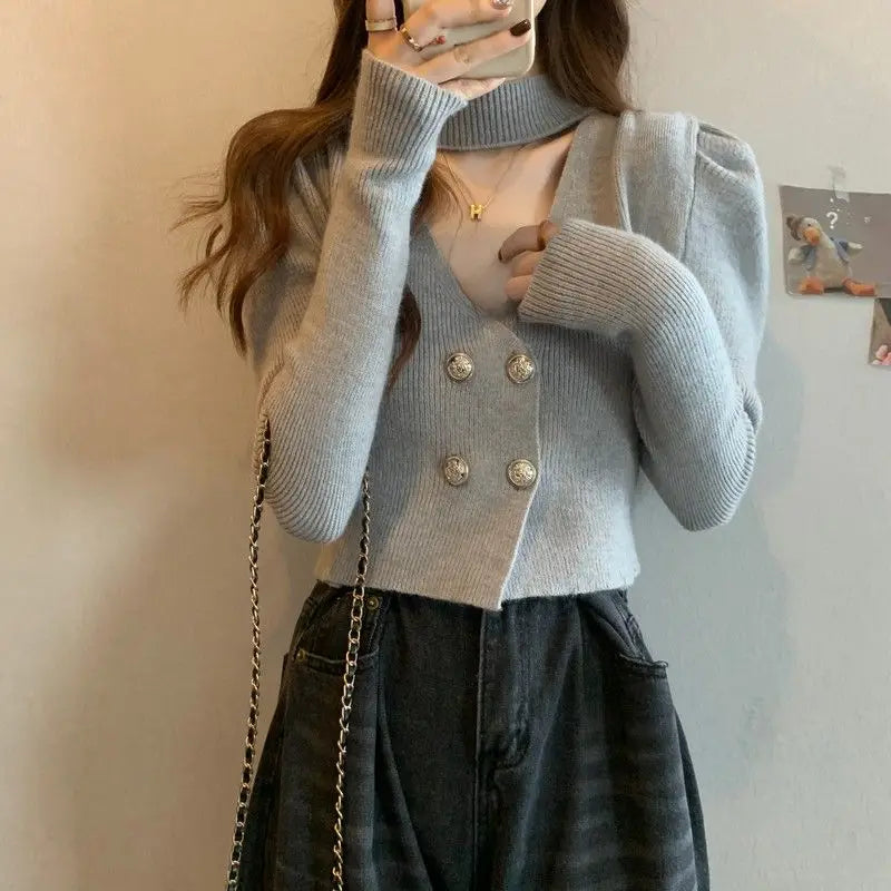 Elegant V-Neck Bubble Sleeve Knitwear Short Top Fashion Trend Neck Hanging Style Girl's French Style Slim Fit Long Sleeve Autumn