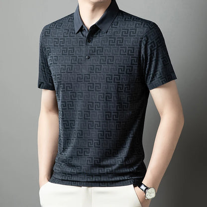 Summer Slim-Fit Men's Short-Sleeved Polo Shirt Classic Lapel Single-Breasted Placket Meander Pattern Casual Style Men's Clothing