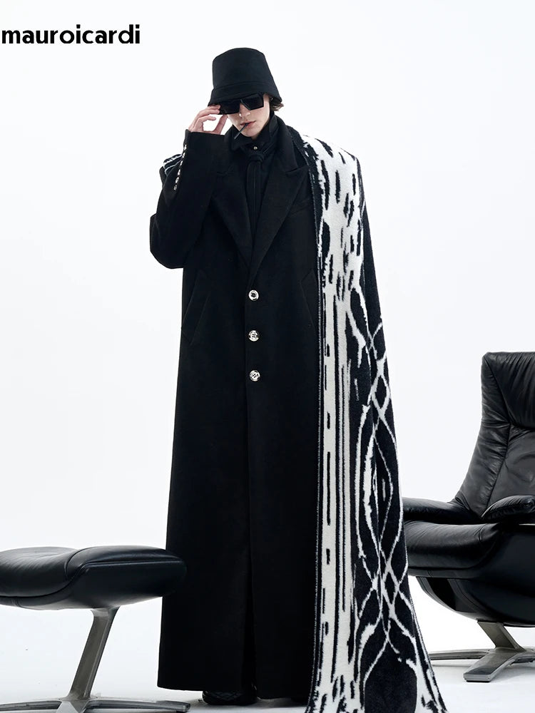 Mauroicardi Autumn Winter Oversized Extra Long Warm Black Wool Blends Coat Men Luxury Designer Floor Length Woolen Overcoat 2024
