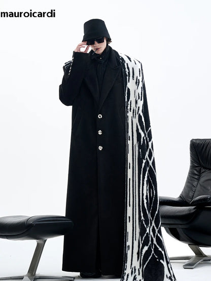 Mauroicardi Autumn Winter Oversized Extra Long Warm Black Wool Blends Coat Men Luxury Designer Floor Length Woolen Overcoat 2024
