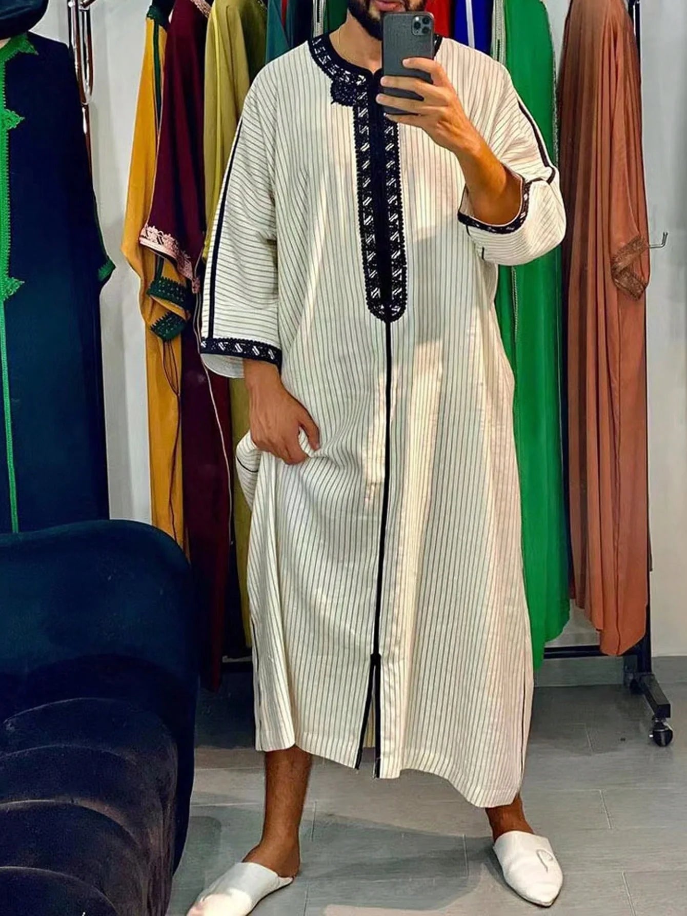 Traditional Middle Eastern Style Muslim Men's Long Robe Retro Embroidered Casual Daily Eid Al Fitr Robe