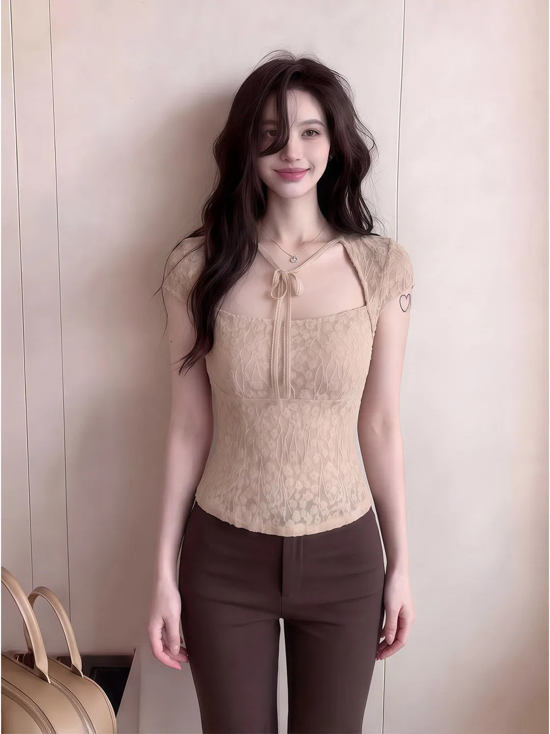 Pure Desire Lace Short Sleeve T-Shirt Women Summer Slim Fit Square Collar Knot Shoulder Top Trendy Spicy Girl Breathable