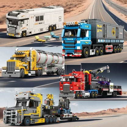 New heavy-duty truck building block sets in various styles, including containers, tank trucks, cranes, and RV vehicle constructi