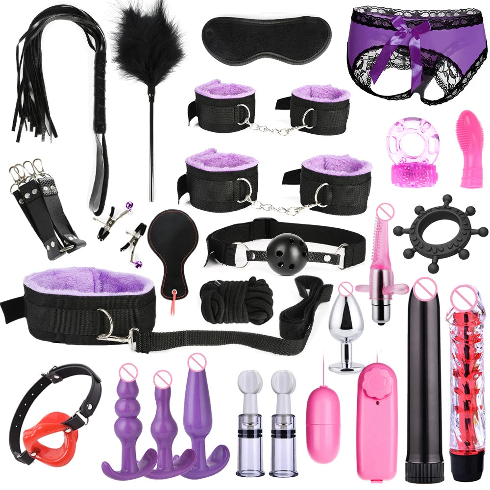 Erotic Sex Toys For Women Adults Games Nylon Bondage BDSM Kits Handcuffs Sex Whip Mouth Gag Rabbit Tail Anal Plug