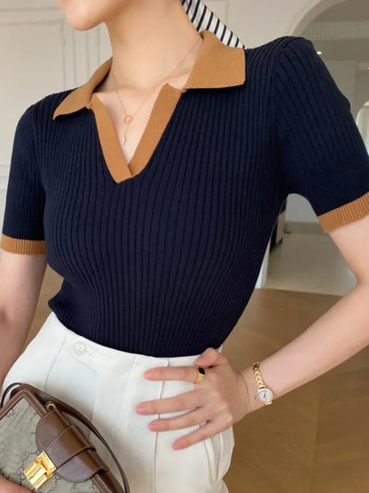 Female Spring Slim Knit Tee Summer Women's T-shirt Polo Collar Short Sleeve Fashion Blouses White Skinny Casual Women Tank Top