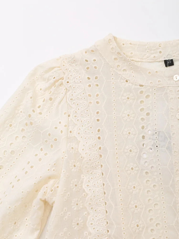 European and American Style 2026 Summer New Women's Sweet Round Neck Puffy Long Sleeve Hollow Embroidered Shirt Loose Top