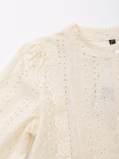 European and American Style 2026 Summer New Women's Sweet Round Neck Puffy Long Sleeve Hollow Embroidered Shirt Loose Top