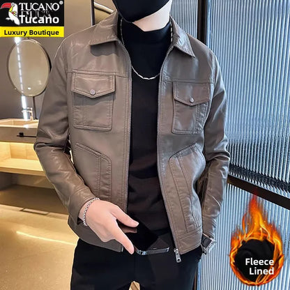 TUCANO Men's Genuine Leather Jacket 2026 Autumn Winter Warm Sheepskin Slim Fit Biker Style Stand Collar Coat Outerwear