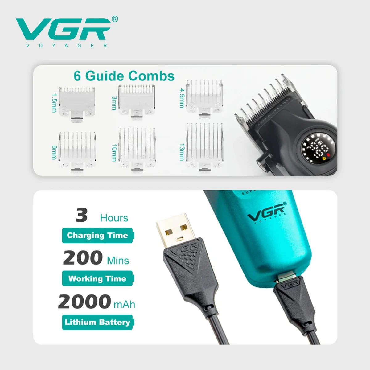 VGR 196 Professional Hair Clipper DLC Blade LED Display Cordless USB Ceramic Blade Men's Haircut Machine Hair Trimmer Machine