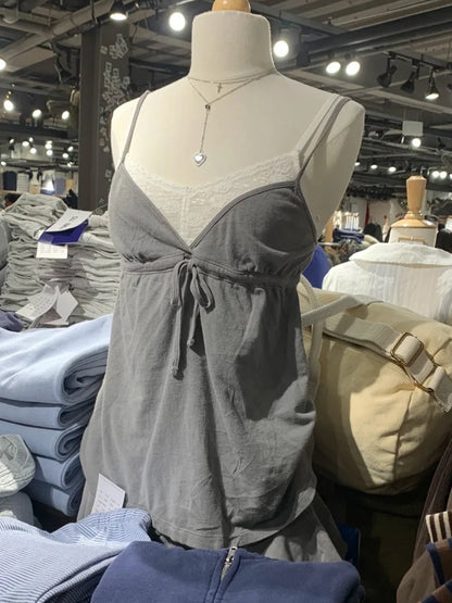 Sweet Lace-up Camisole Women Summer Streetwear Simple Basic Deep V-neck Sleeveless Vests Vintage Cute Cotton Tank Tops Y2K