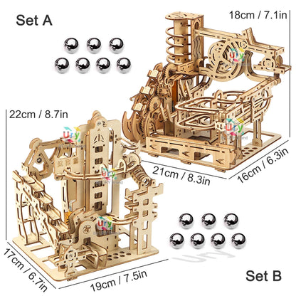 Ury 3D Wooden Puzzles Marble Electric Catapult Track Device Set Mechanical Model Science Maze 7 Balls Assembly Toy for Kids Gift