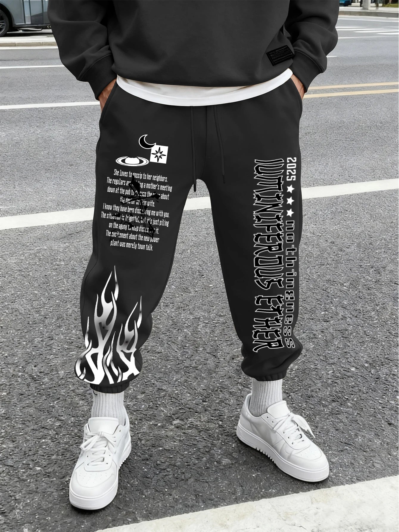 Men Retro Gothic Vertical Letter Flame & Planet Graphic Joggers Elastic Cuff Cozy Loose Fit Urban Casual Street Sweat Pants