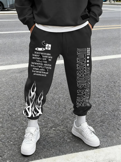 Men Retro Gothic Vertical Letter Flame & Planet Graphic Joggers Elastic Cuff Cozy Loose Fit Urban Casual Street Sweat Pants