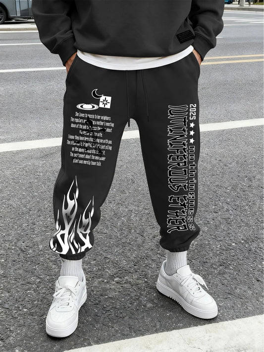 Men Retro Gothic Vertical Letter Flame & Planet Graphic Joggers Elastic Cuff Cozy Loose Fit Urban Casual Street Sweat Pants