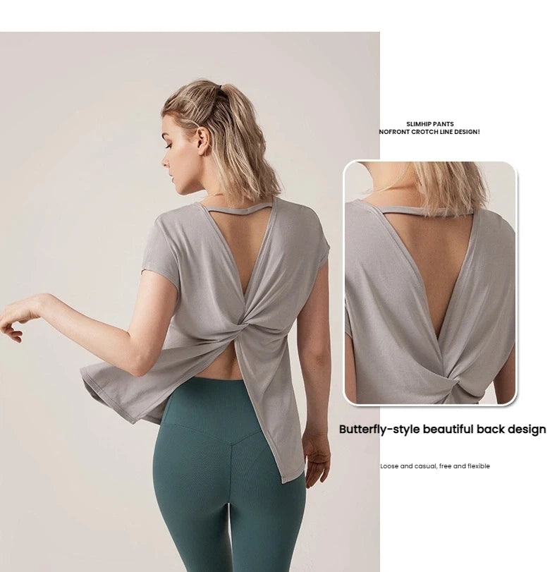 Women's Split Side Yoga Top Sexy Open Back Fitness T-shirt Loose Fit Workout Tee Running Sports Cover Gym Wear Woman clothing