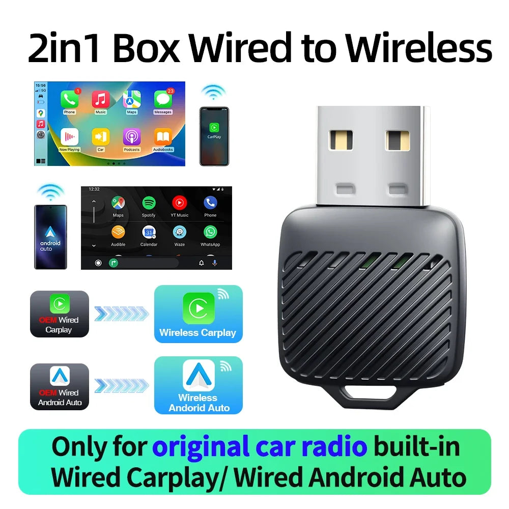 Wireless CarPlay Android Auto 2 in 1 Adapter AI Smart Box Dongle for Wired CarPlay Car Intelligent System Plug Play 5GHz WiFi