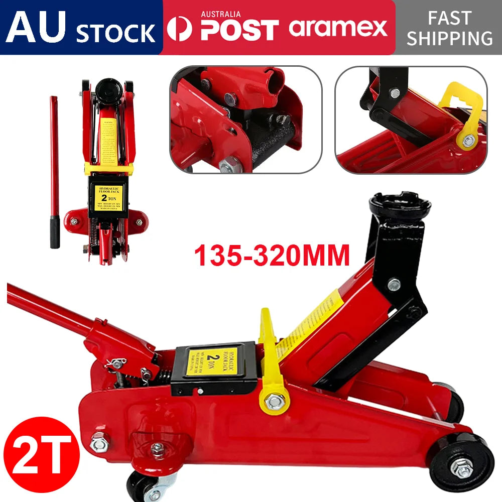 2T Hydraulic Floor Jack Trolley Low Profile Car Adjustable Lifting 135-320mm Equipped With 4 Metal Wheels