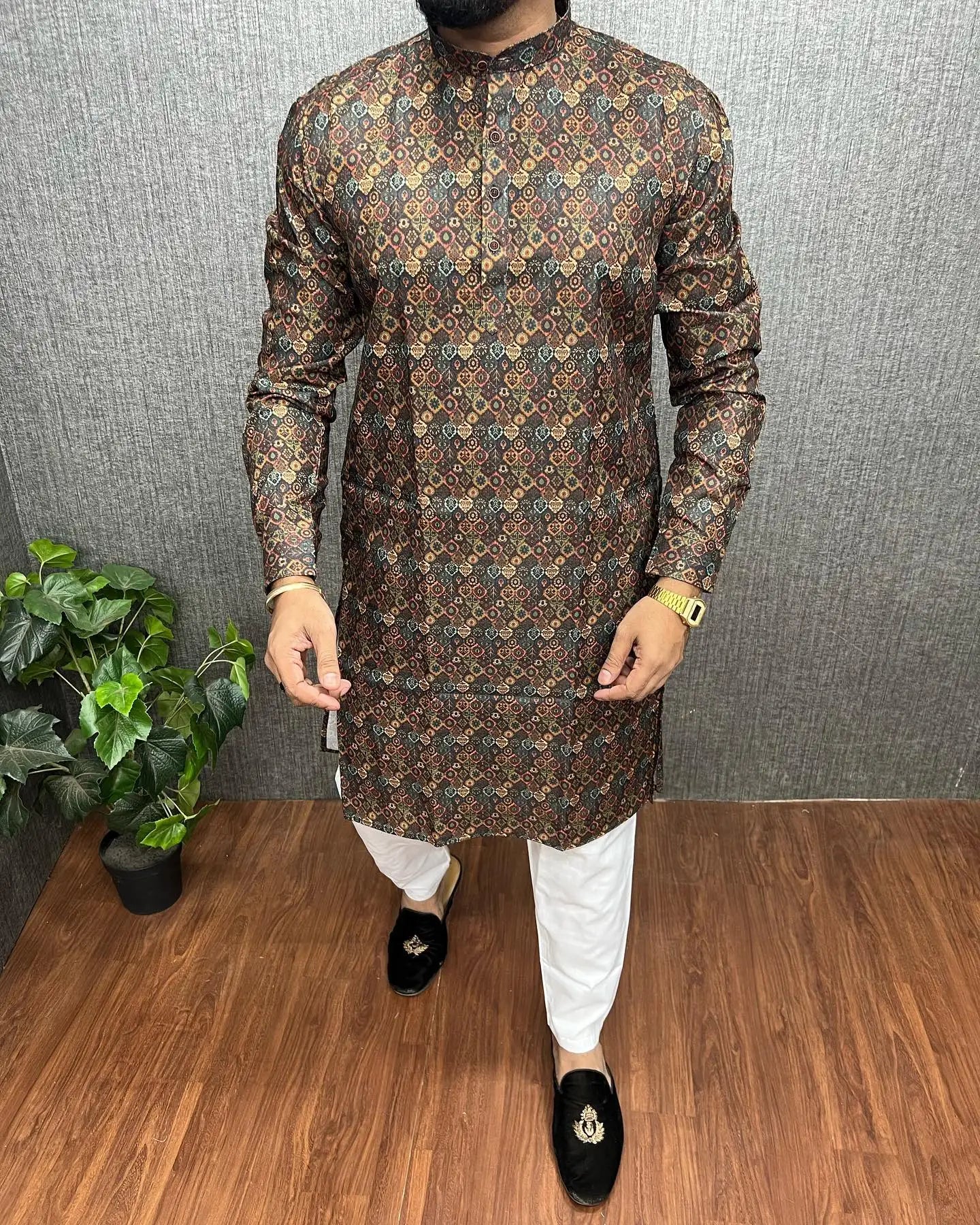 2026 Men Digital Printed Kurta Vardha Regular Fit Mandarin Collar Long Suitable All Occasions Such Wedding Hari Raya Aidilfitri