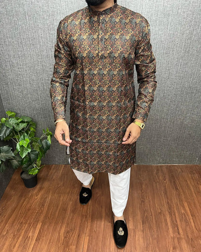 2026 Men Digital Printed Kurta Vardha Regular Fit Mandarin Collar Long Suitable All Occasions Such Wedding Hari Raya Aidilfitri
