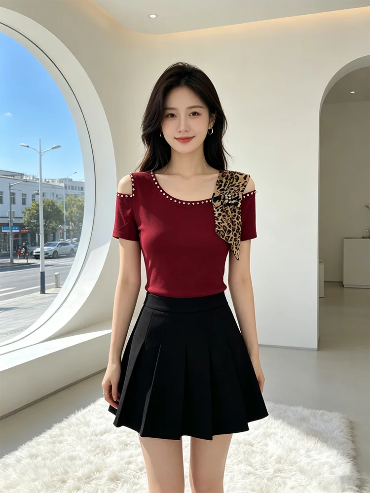 Summer New Off Shoulder Short sleeved T-shirt Korean Fashion Diamond Tops Slim Style Bowknot Women Shirt