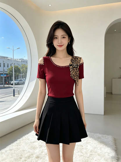 Summer New Off Shoulder Short sleeved T-shirt Korean Fashion Diamond Tops Slim Style Bowknot Women Shirt