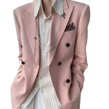 Korean Style Unisex Oversized Blazer Men Women Dusty Pink Casual Suit Jacket Streetwear Loose Office Party