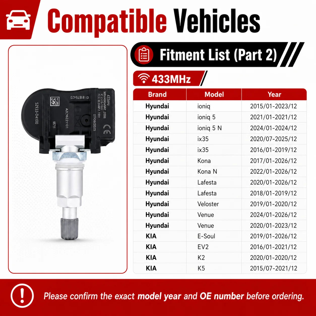 TPMS Sensor For Hyundai Elantra 2015-2020 433MHz 52933D4100 Tire Pressure Sensor