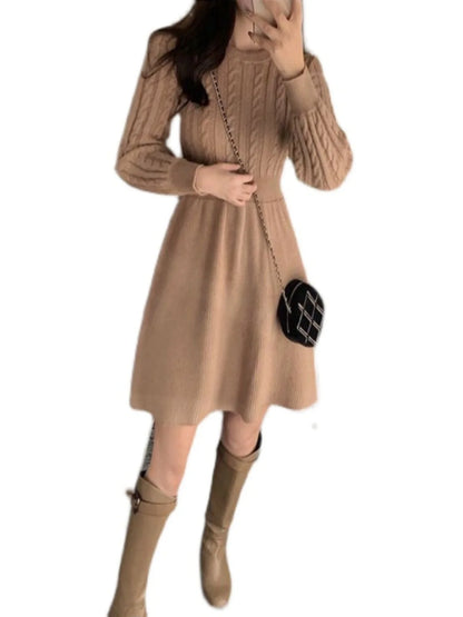 High Waist A-Line Knitted Dress Long Sleeve Base Layer Shirt Waist Cinched Black Dress Autumn Wear Korean Style Commute Dress