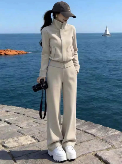 Korean Style Fleece Lined Thick Casual Sportswear Set Women Winter Stand Collar Jacket Wide Leg Pants Sweatshirt Two Piece Set