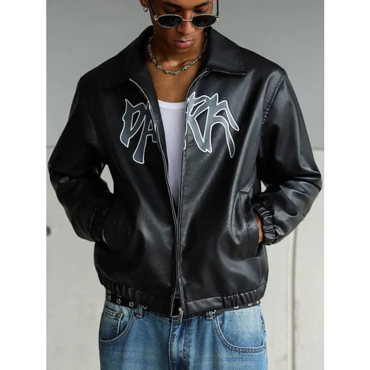 Men's High Street Faux Leather Jacket Retro Windproof Warm Coat Men Letter Print Lapel Collar Motorcycle Street Style Outerwear