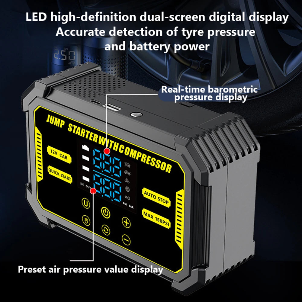 Car Jump Starter 1500A Power Bank 150PSI Pump Air Compressor Emergency Battery Booster Power Bank Start