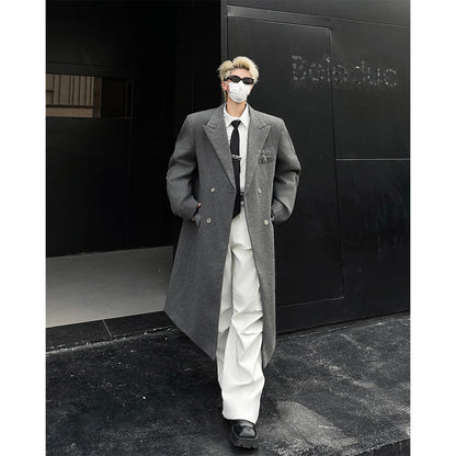 Autumn Winter Men's Shoulder Length Woolen Coat over Knee Double Breasted Windbreaker Outerwear Fashionable Korean Style